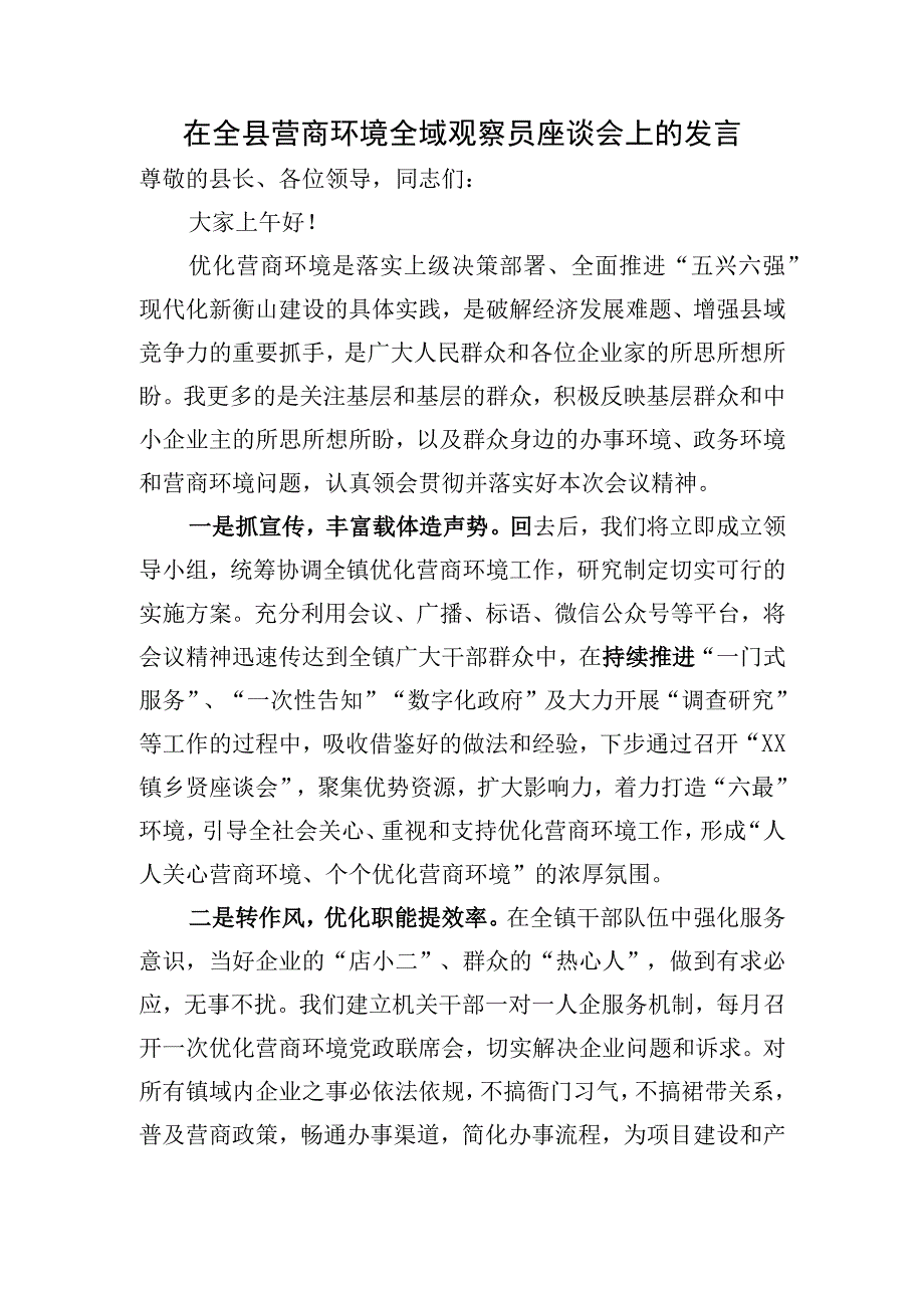 在全县营商环境全域观察员座谈会上的发言.docx_第1页