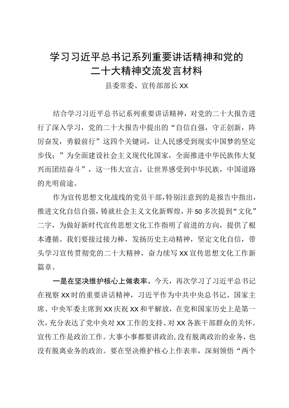 宣传部长党的二十大精神研讨发言材料.docx_第1页