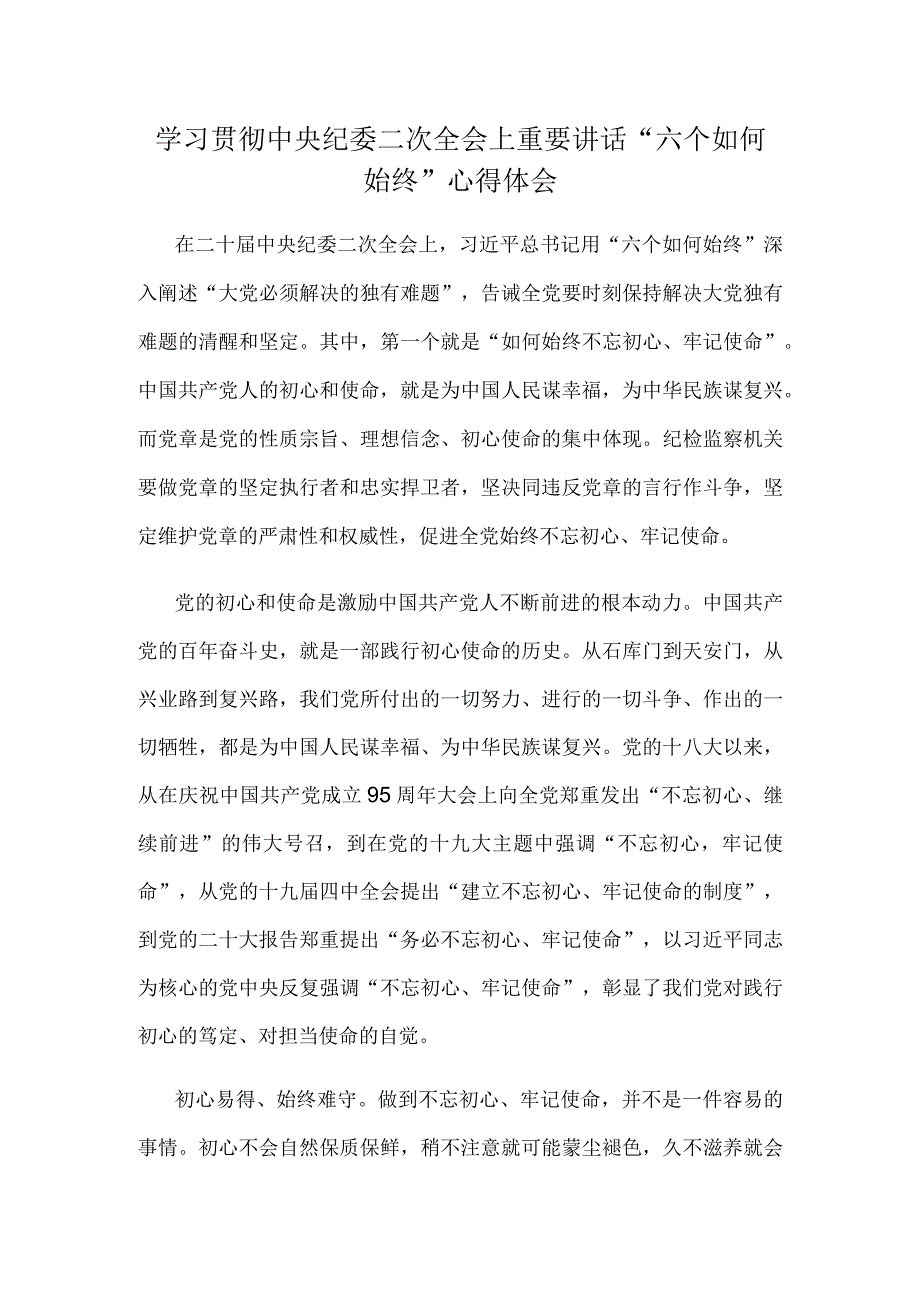 学习贯彻中央纪委二次全会上重要讲话六个如何始终心得体会.docx_第1页