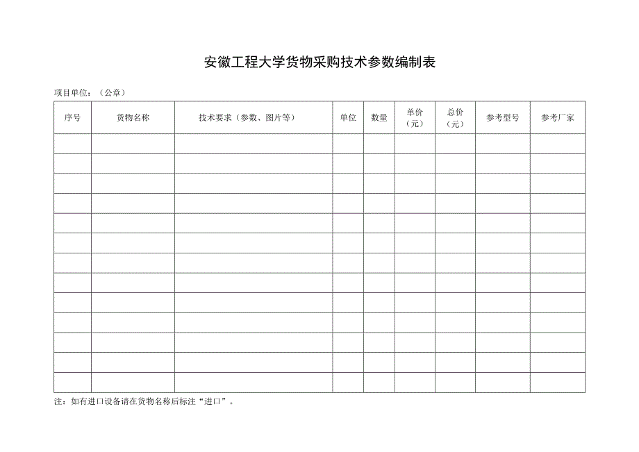 安徽工程大学货物采购技术参数编制表.docx_第1页