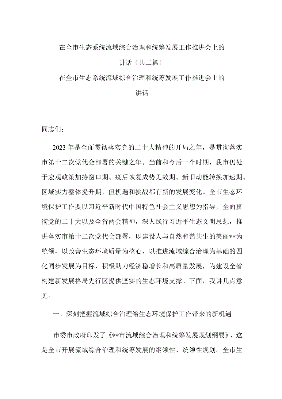 在全市生态系统流域综合治理和统筹发展工作推进会上的讲话共二篇.docx_第1页