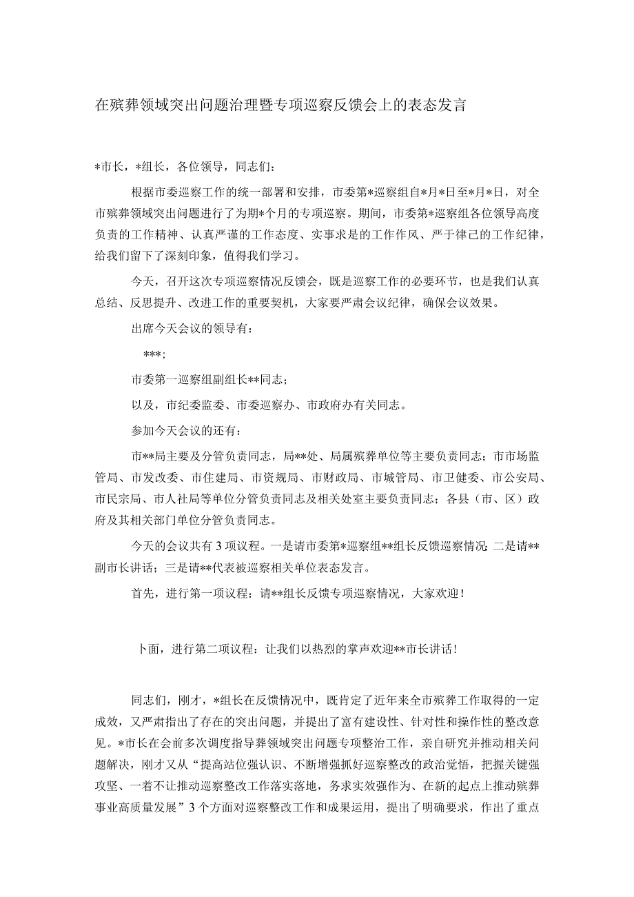 在殡葬领域突出问题治理暨专项巡察反馈会上的表态发言.docx_第1页