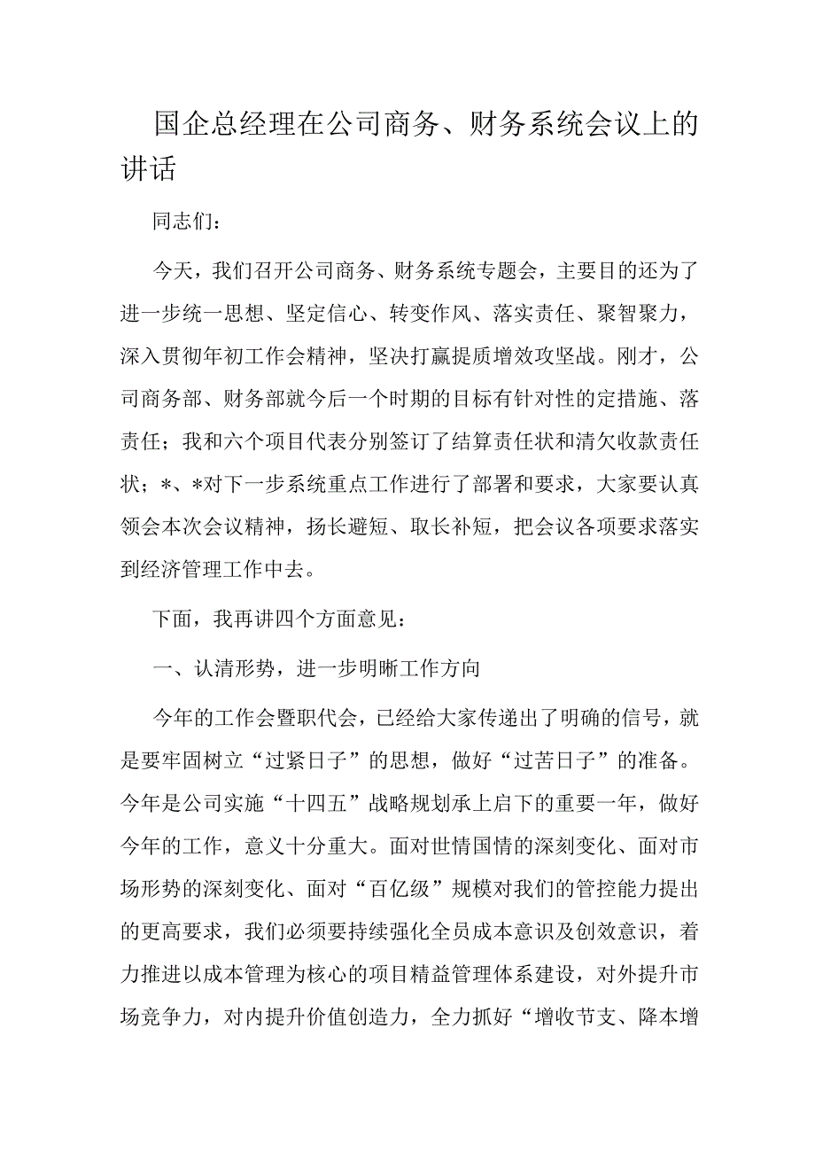 国企总经理在公司商务财务系统会议上的讲话.docx_第1页