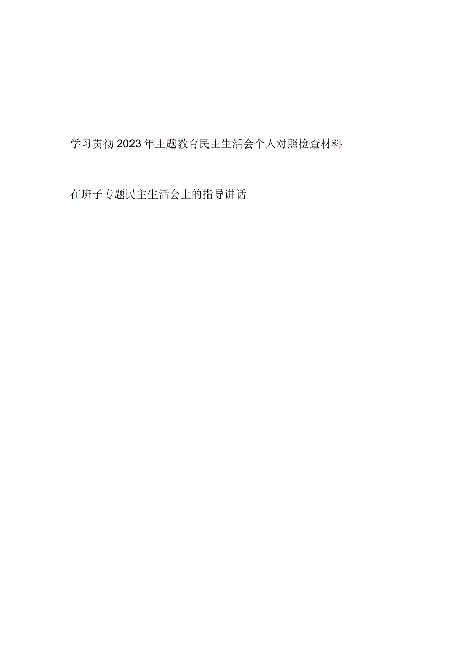 学习贯彻2023年主题教育民主生活会个人对照检查材料和在班子专题民主生活会上的指导讲话.docx_第1页