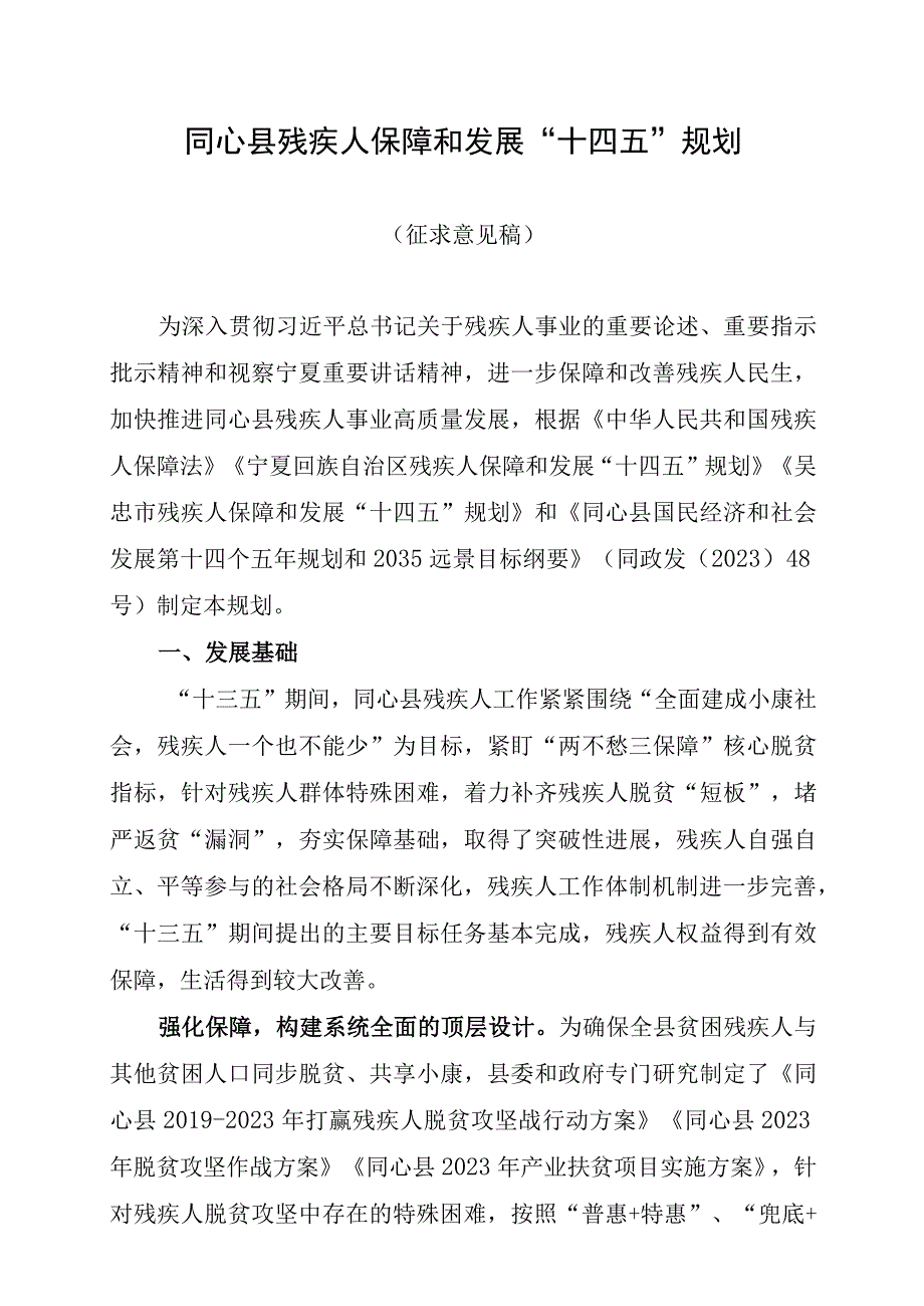 同心县残疾人保障和发展十四五规划.docx_第1页