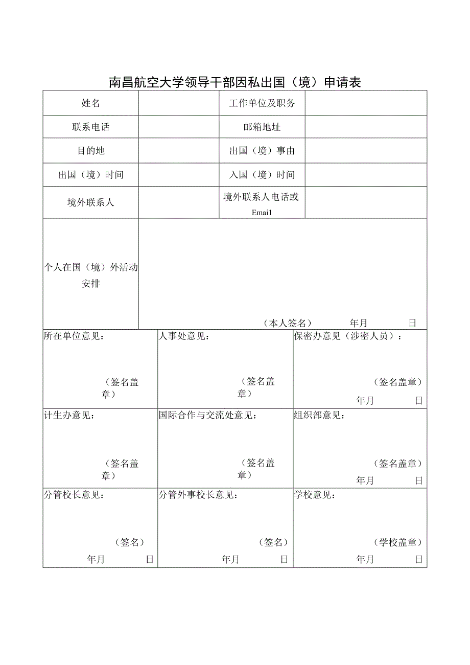 南昌航空大学领导干部因私出国境申请表.docx_第1页