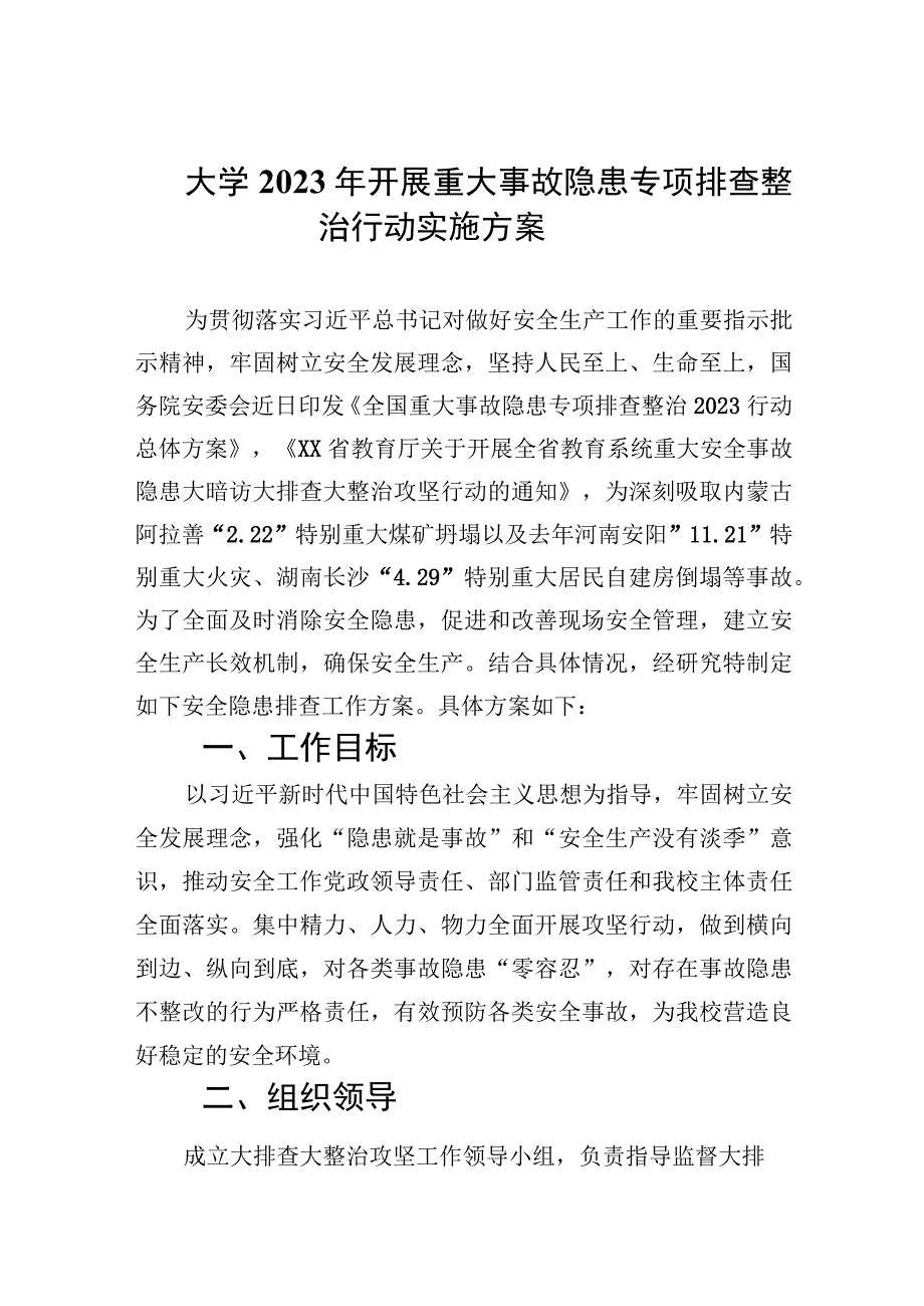 大学2023年开展重大事故隐患专项排查整治行动实施方案精选九篇汇编.docx_第1页