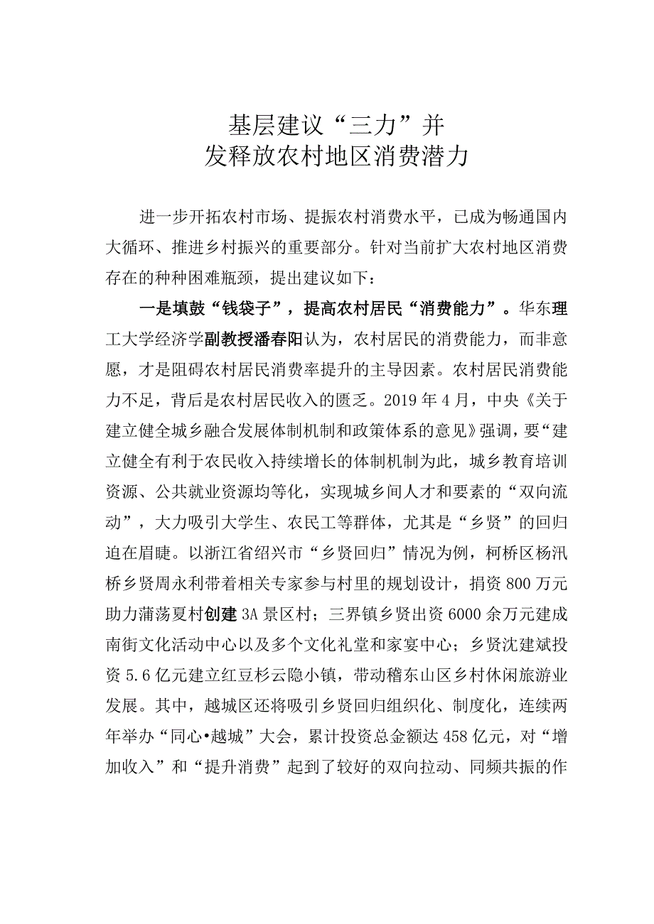 基层建议三力并发释放农村地区消费潜力.docx_第1页