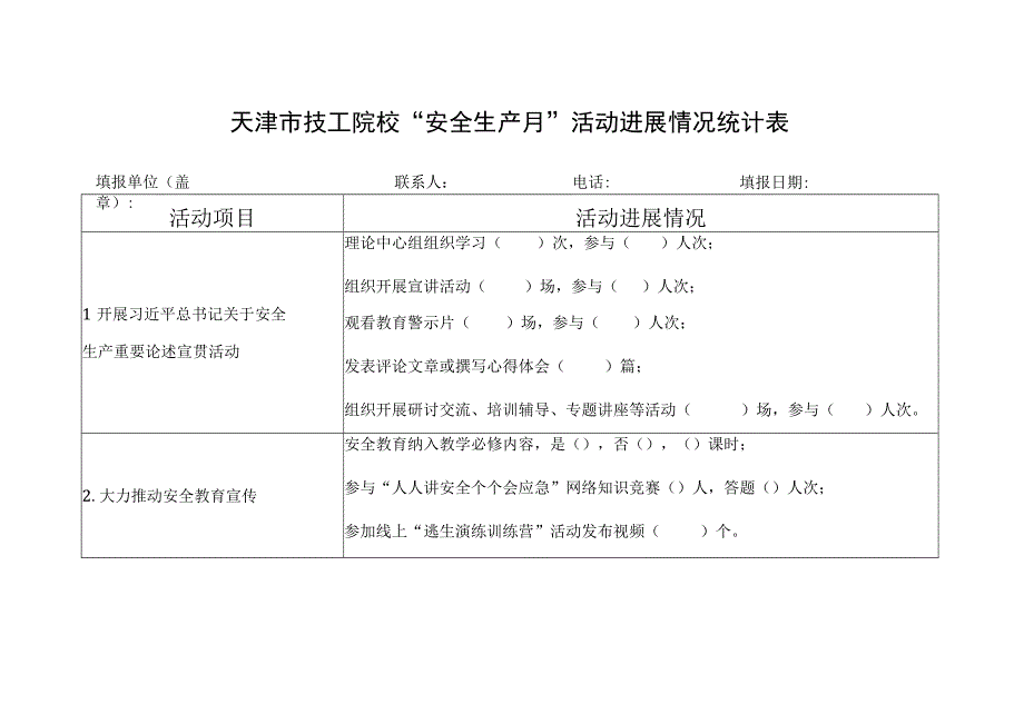 天津市技工院校安全生产月活动进展情况统计表.docx_第1页