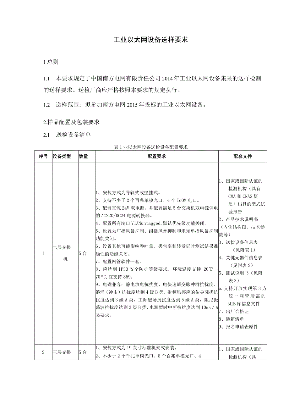 南方电网2014年通信一级物资集采送样检测送样要求工业以太网设备.docx_第2页