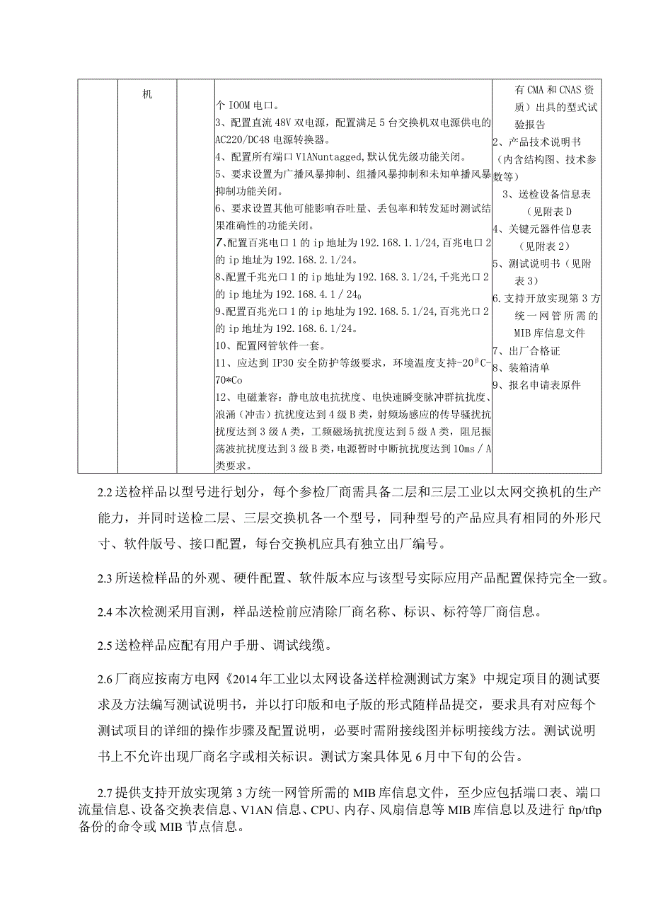 南方电网2014年通信一级物资集采送样检测送样要求工业以太网设备.docx_第3页