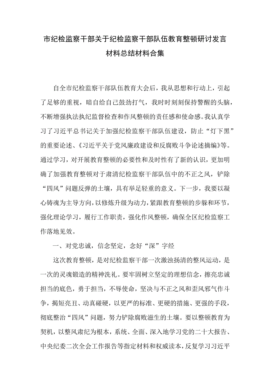 市纪检监察干部关于纪检监察干部队伍教育整顿研讨发言材料总结材料合集.docx_第1页