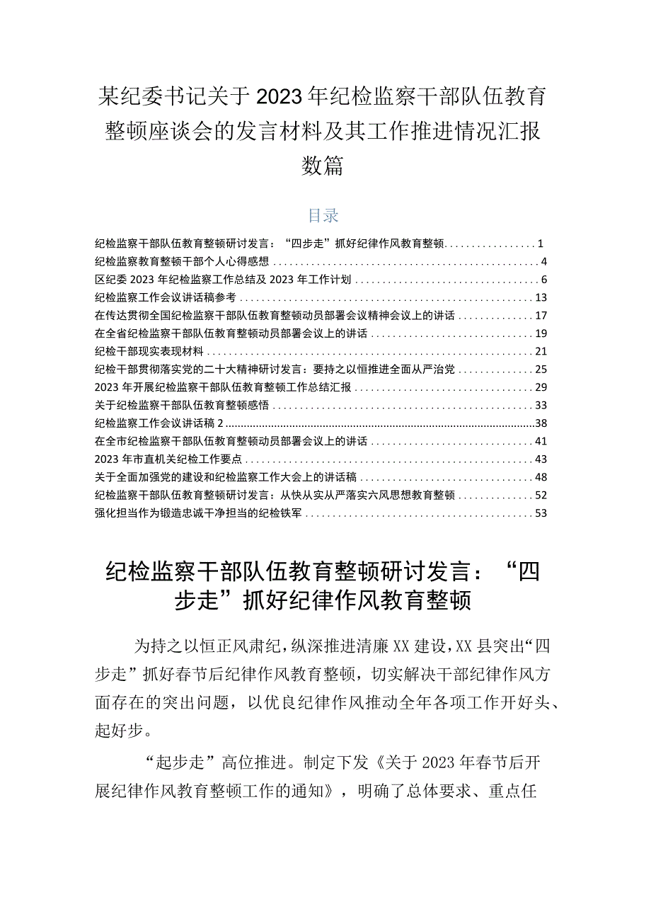 某纪委书记关于2023年纪检监察干部队伍教育整顿座谈会的发言材料及其工作推进情况汇报数篇.docx_第1页