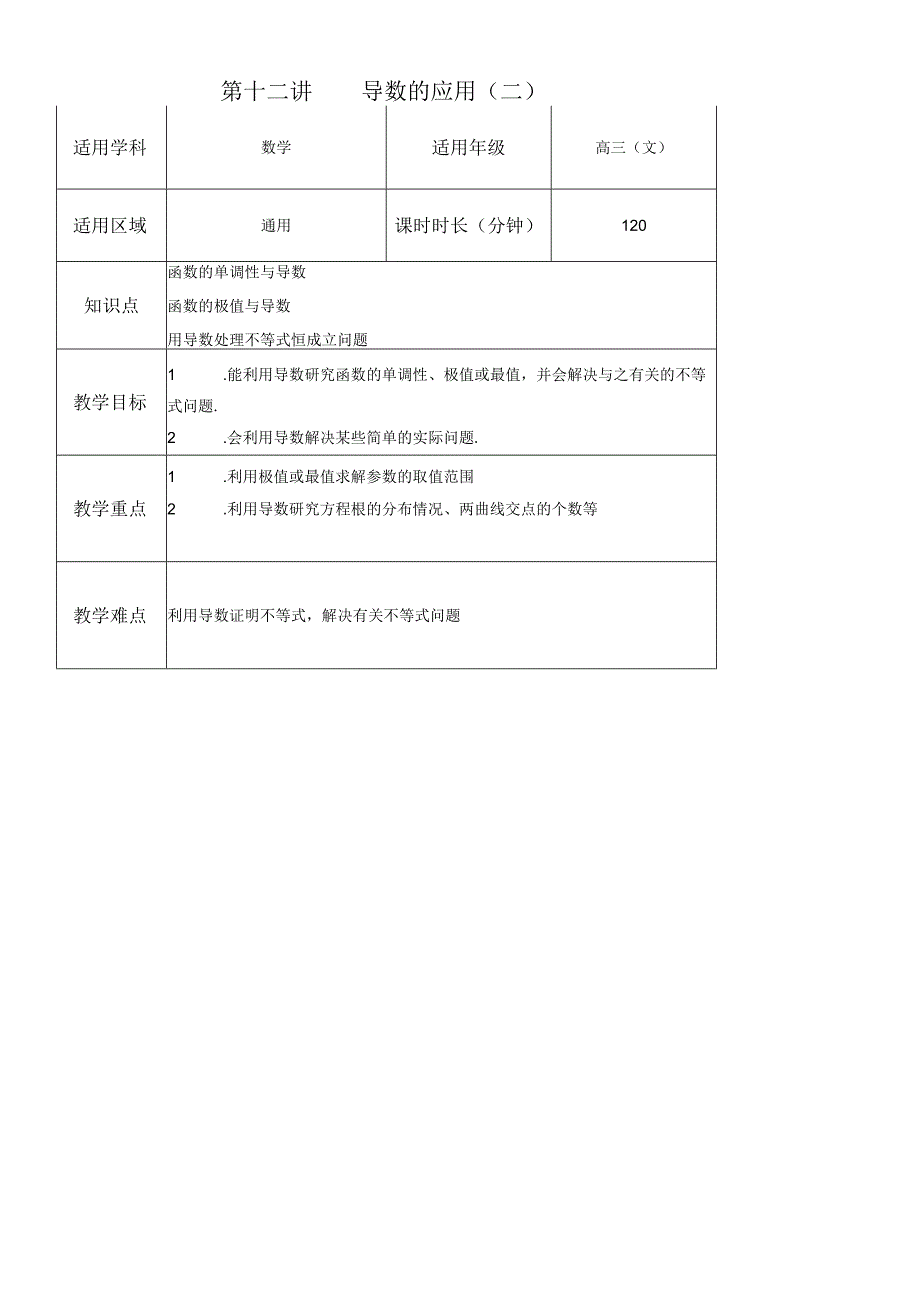 文 第12讲 导数的应用二 教案.docx_第1页