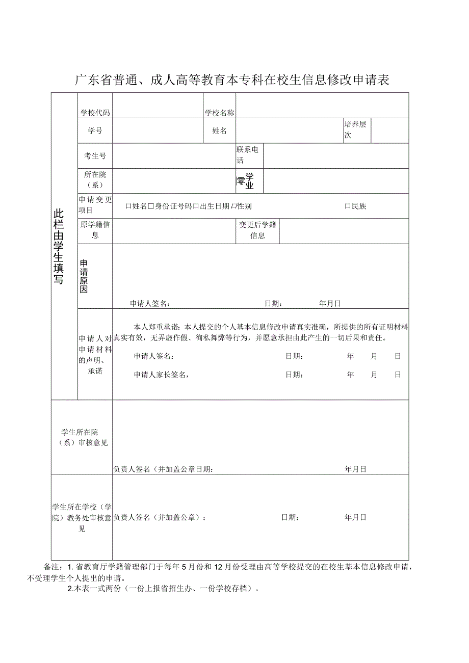 广东省普通成人高等教育本专科在校生信息修改申请表.docx_第1页