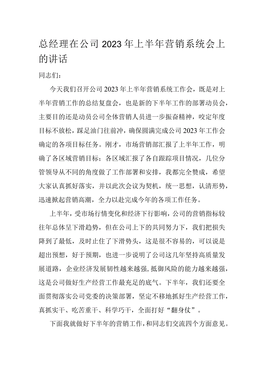 总经理在公司2023年上半年营销系统会上的讲话.docx_第1页