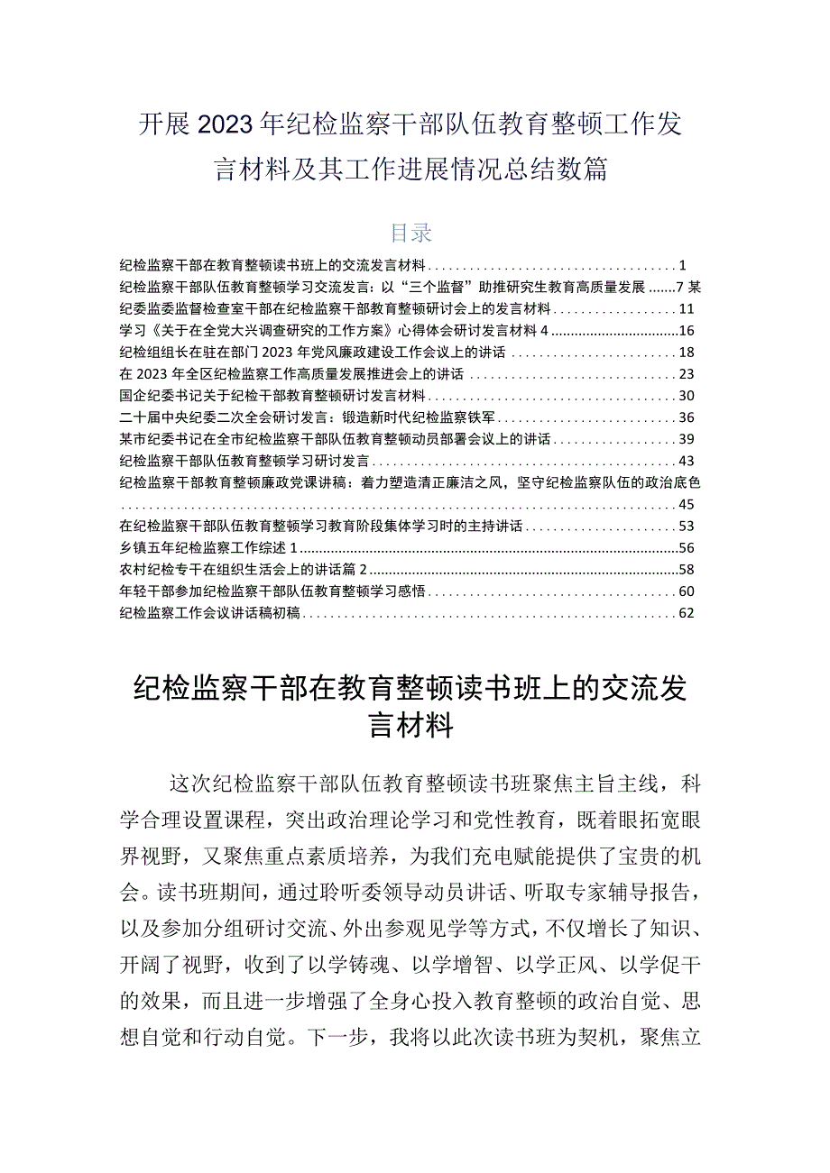 开展2023年纪检监察干部队伍教育整顿工作发言材料及其工作进展情况总结数篇.docx_第1页