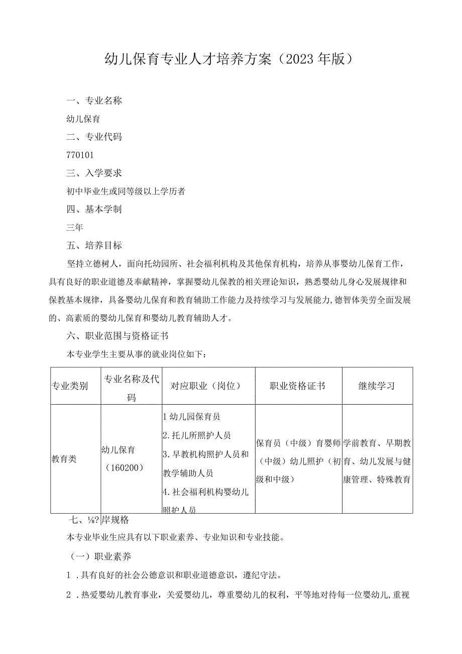 幼儿保育专业人才培养方案2023年版.docx_第1页