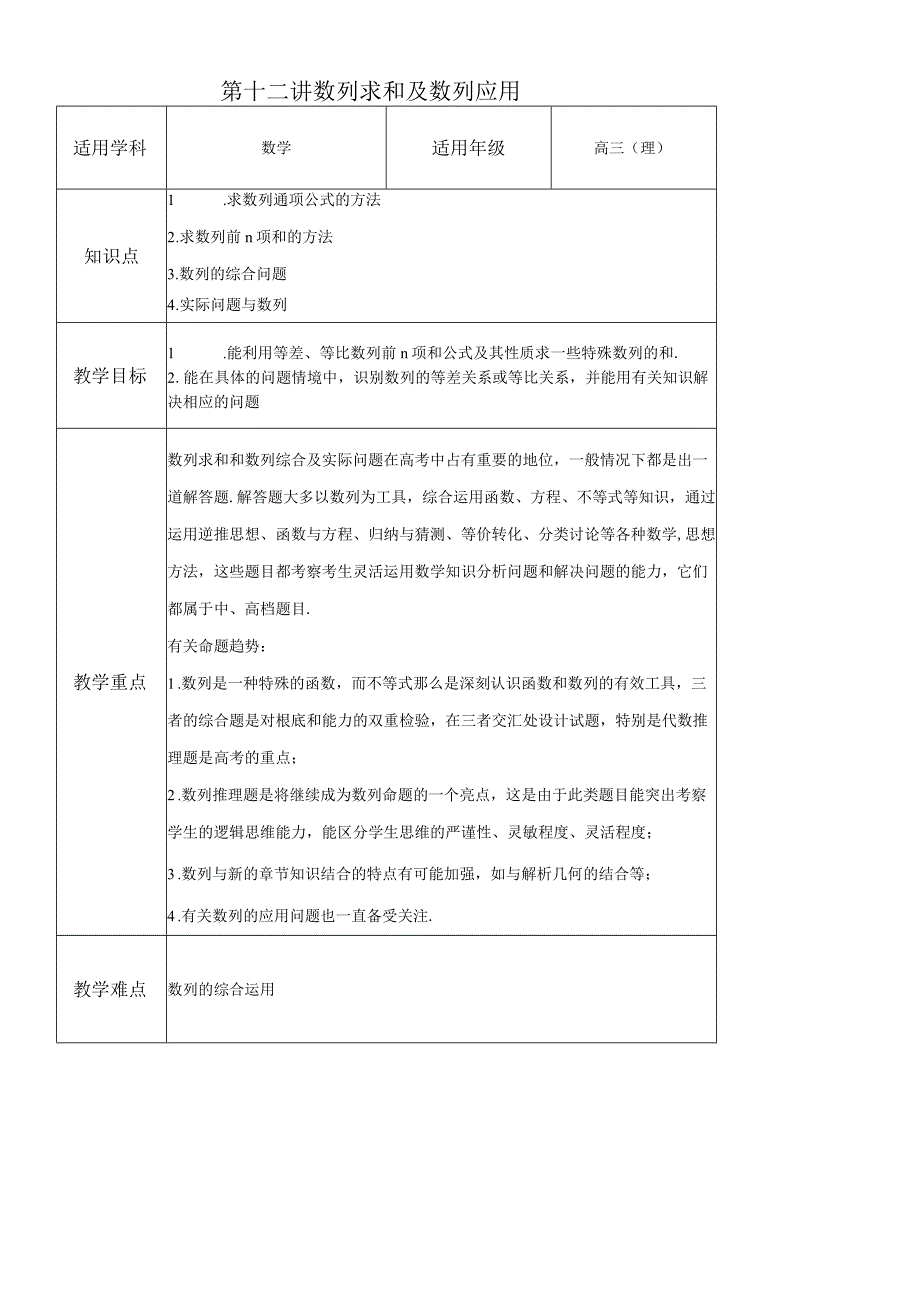 理 第12讲 数列求和及数列应用 教案.docx_第1页