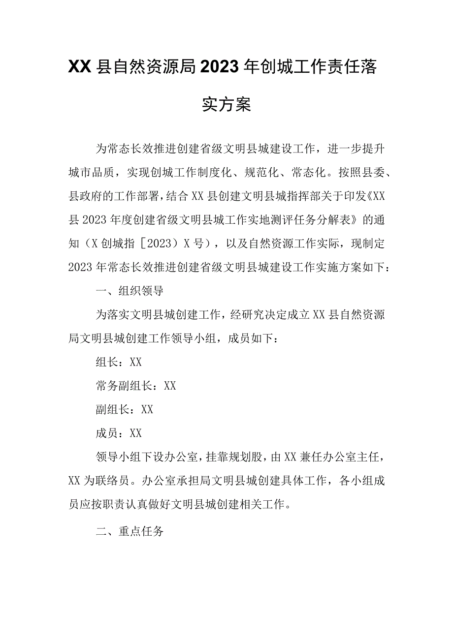 XX县自然资源局2023年创城工作责任落实方案.docx_第1页