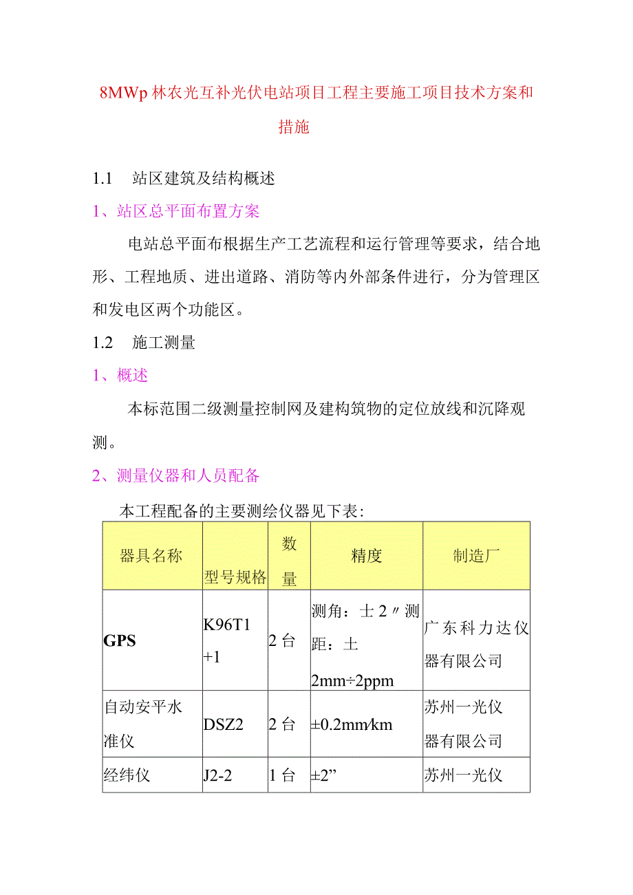 8MWp林农光互补光伏电站项目工程主要施工项目技术方案和措施.docx_第1页