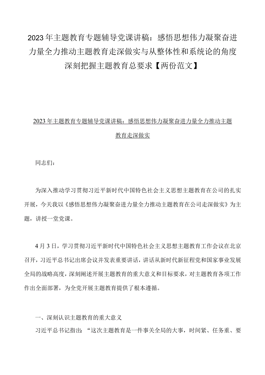 2023年主题教育专题辅导党课讲稿：感悟思想伟力凝聚奋进力量全力推动主题教育走深做实与从整体性和系统论的角度深刻把握主题教育总要求两份范文.docx_第1页