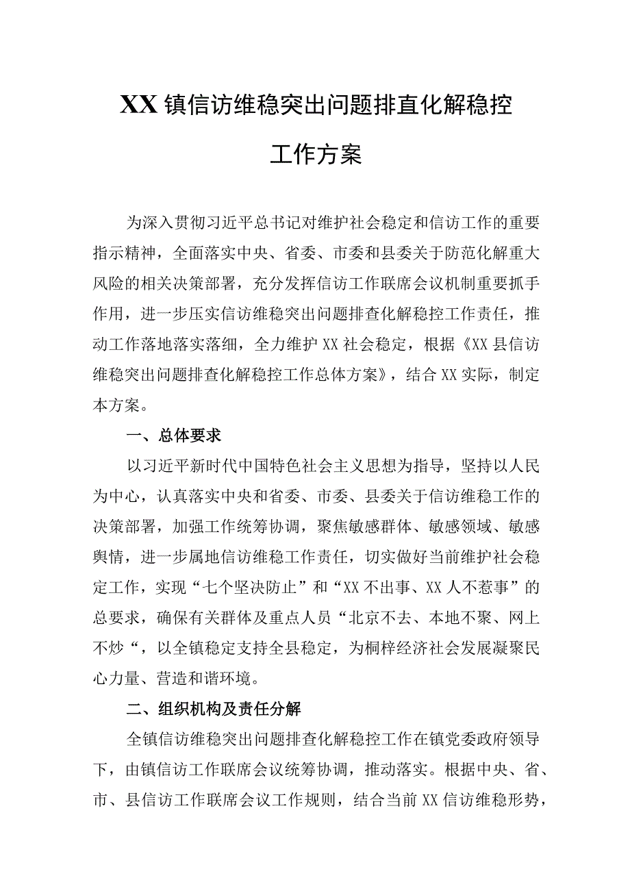 XX镇信访维稳突出问题排查化解稳控工作方案.docx_第1页