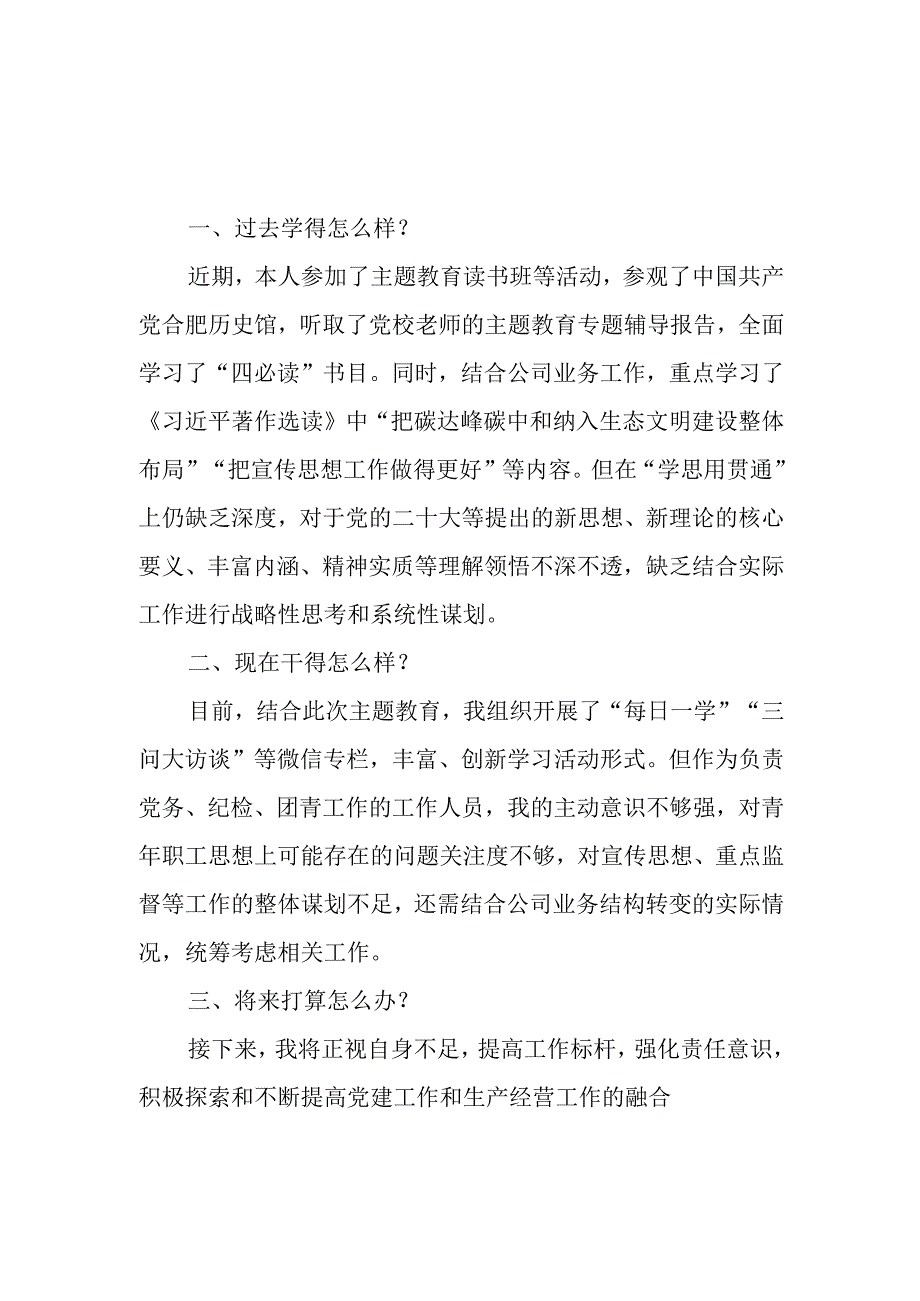 公司党员干部主题教育三问过去学得怎么样？现在干得怎么样？将来打算怎么办？研讨发言材料5篇.docx_第1页