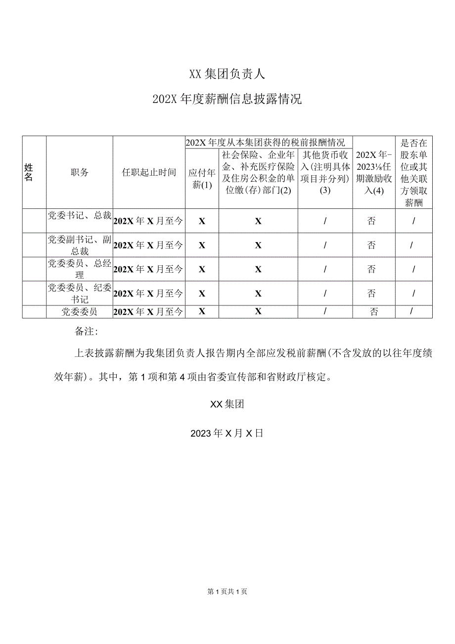 XX集团负责人202X年度薪酬信息披露情况.docx_第1页