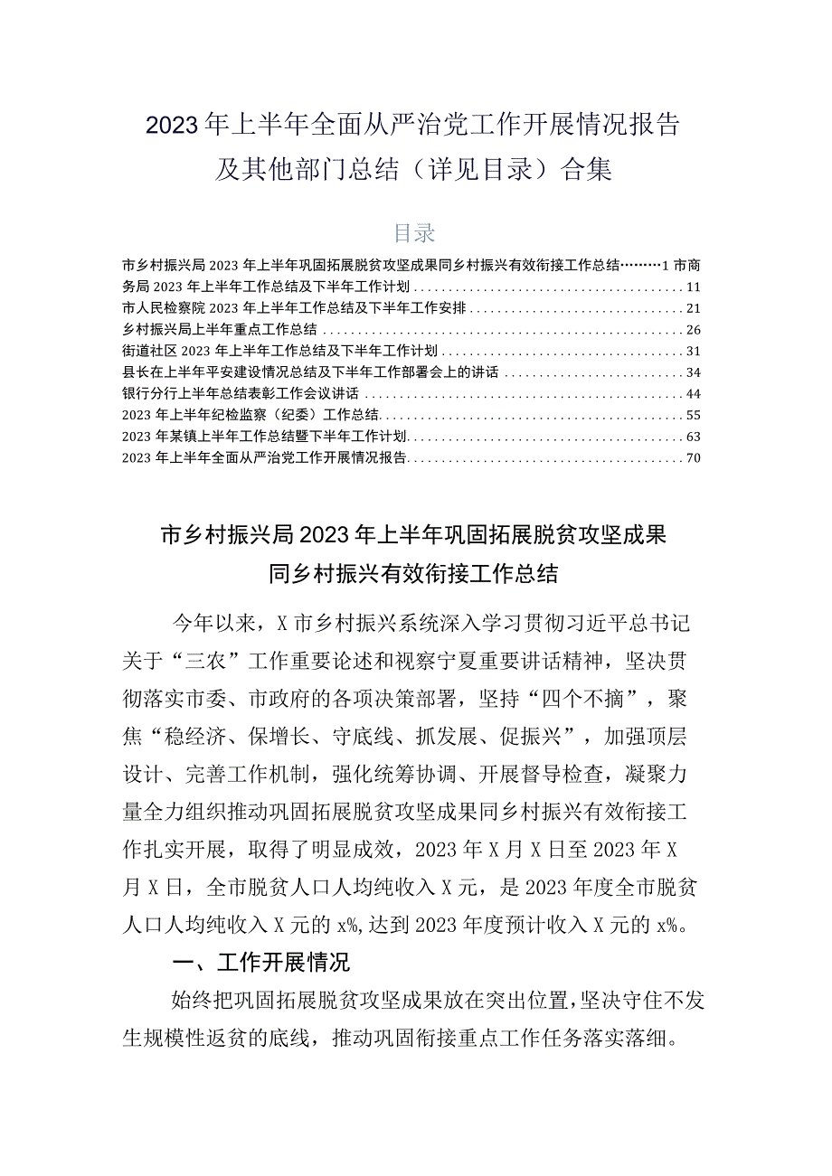 2023年上半年全面从严治党工作开展情况报告及其他部门总结详见目录合集.docx_第1页