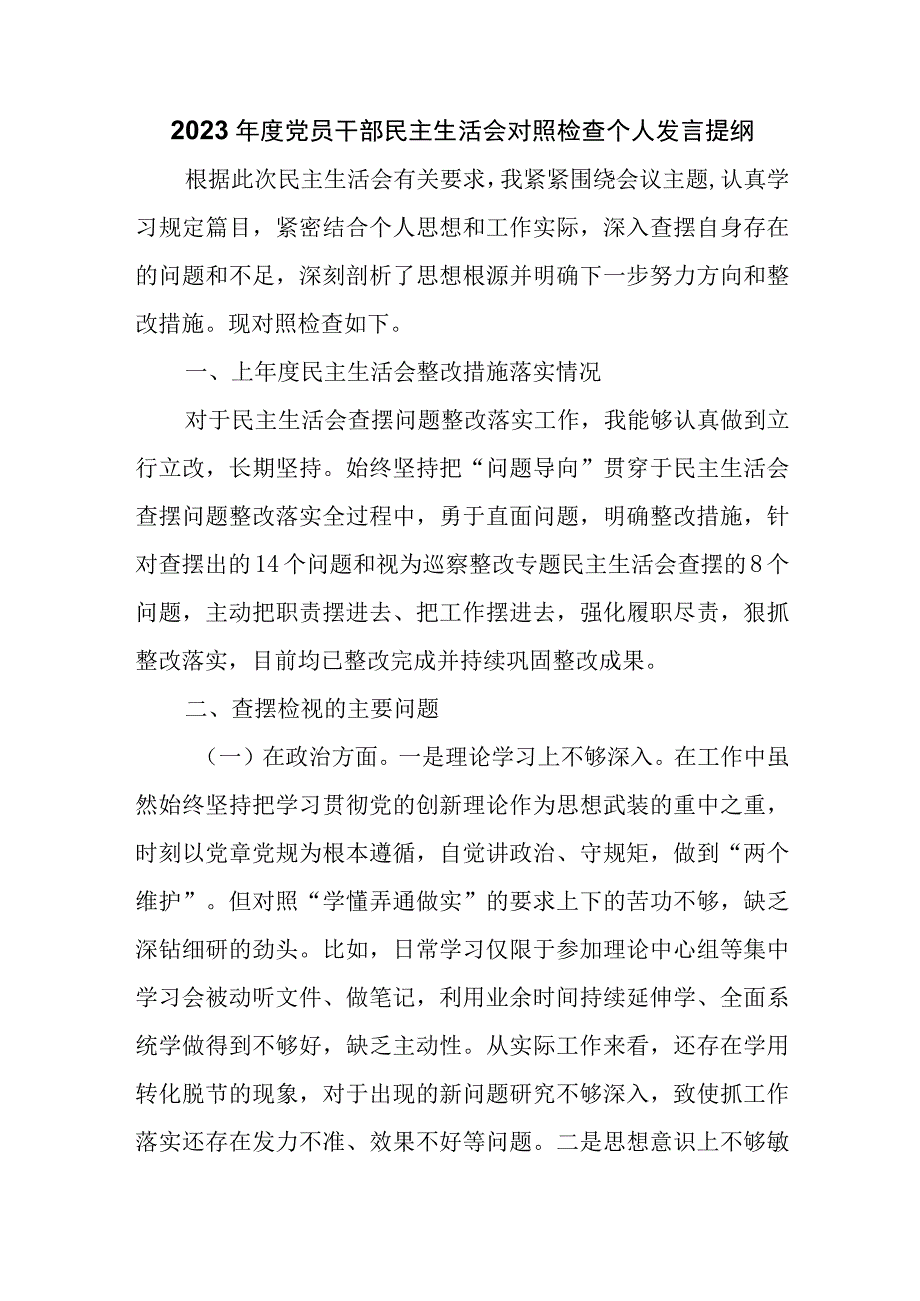 2023年度党员干部民主生活会对照检查个人发言提纲.docx_第1页