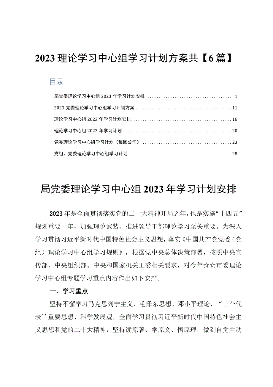 2023理论学习中心组学习计划方案共6篇.docx_第1页