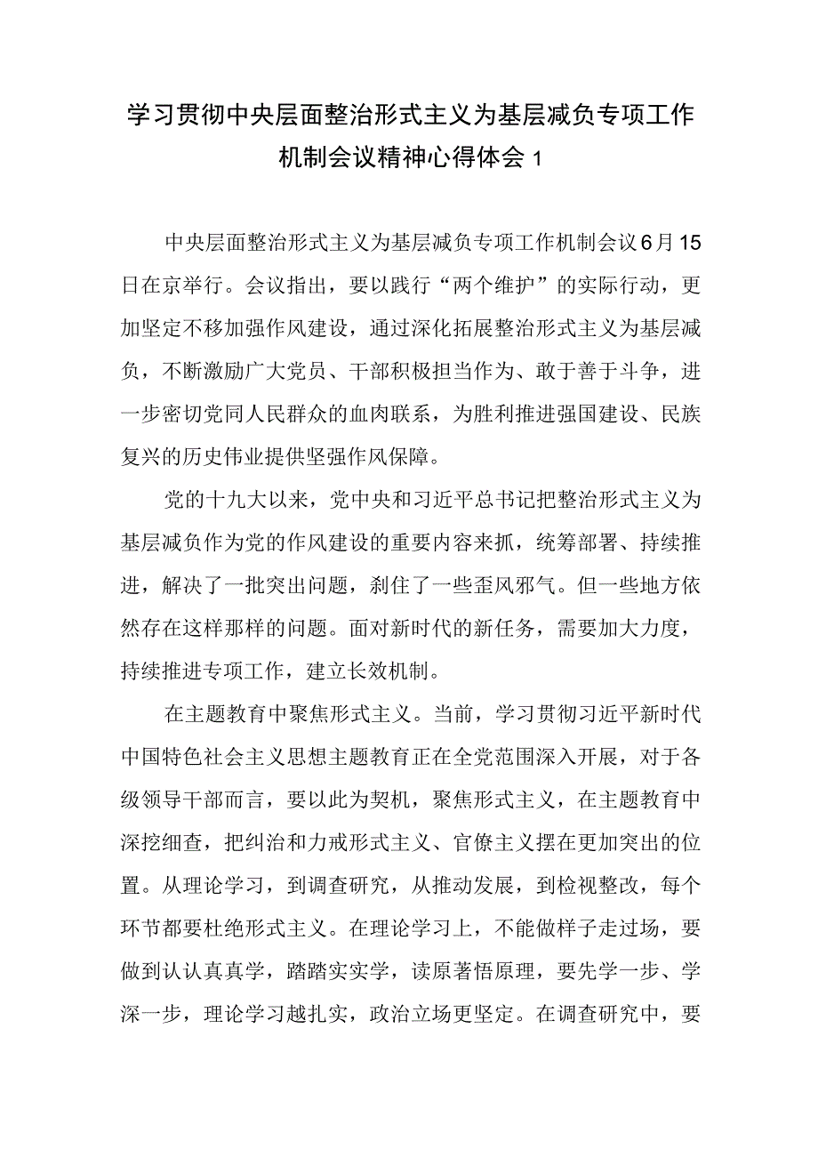 2023学习贯彻中央层面整治形式主义为基层减负专项工作机制会议精神心得体会感想2篇.docx_第2页