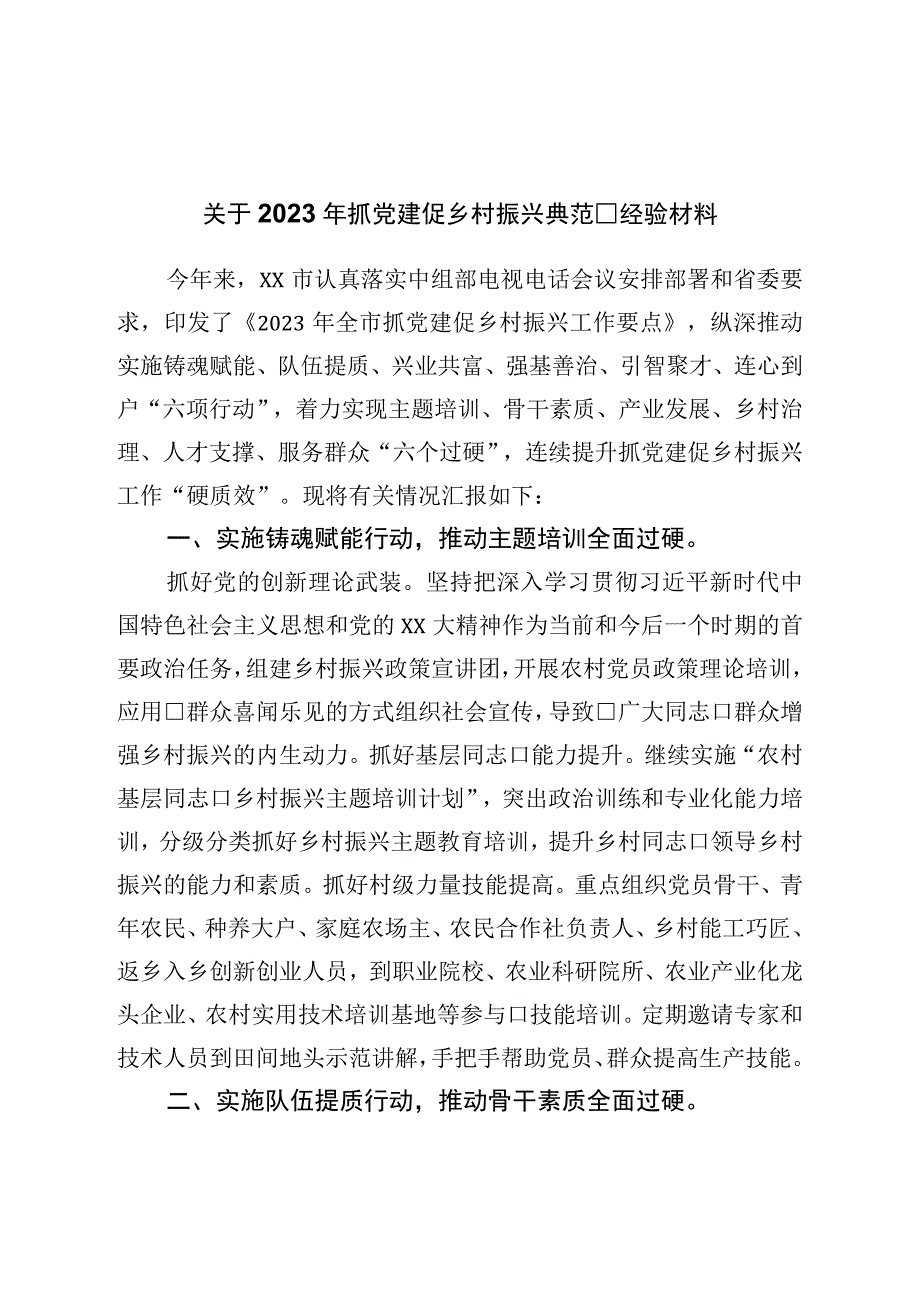 关于2023年抓党建促乡村振兴典型经验材料.docx_第1页