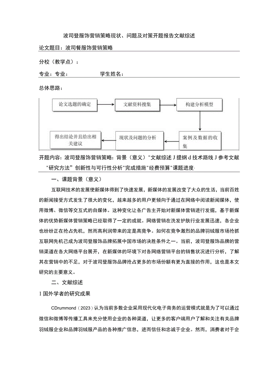 《波司登营销策略现状问题及对策》开题报告文献综述4000字.docx_第1页