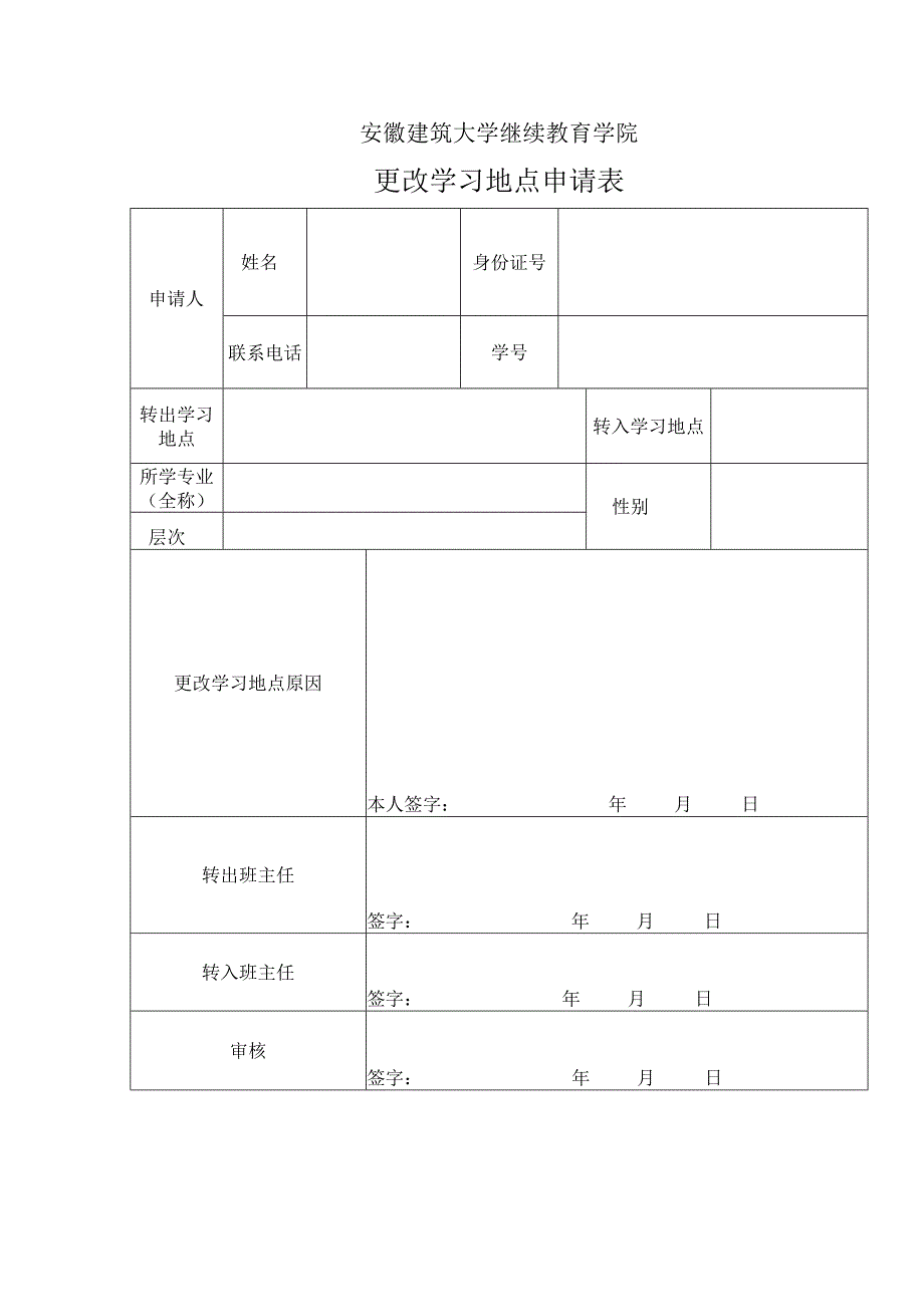 安徽建筑大学继续教育学院更改学习地点申请表.docx_第1页