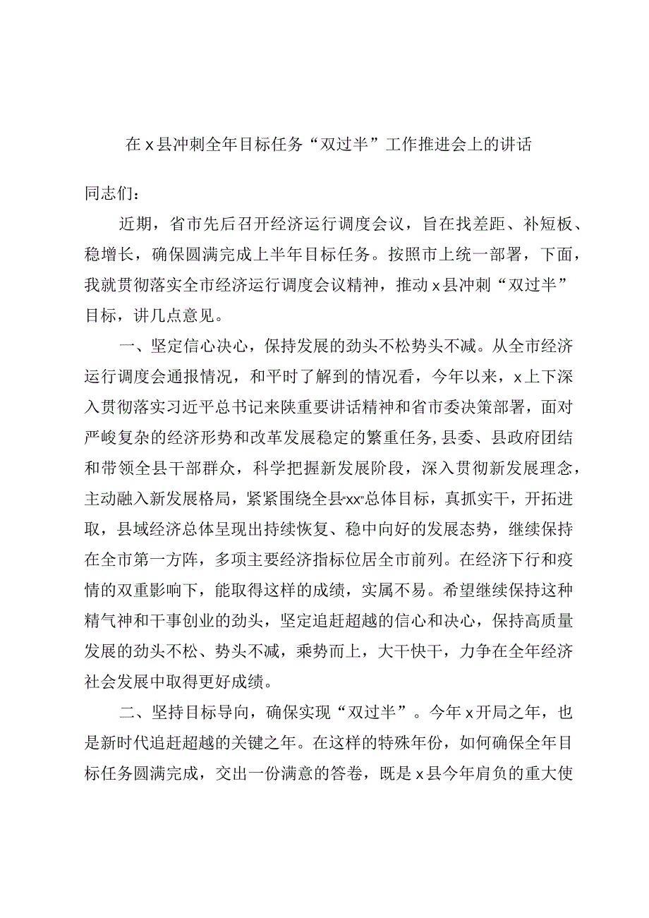 在x县冲刺全年目标任务双过半工作推进会上的讲话.docx_第1页