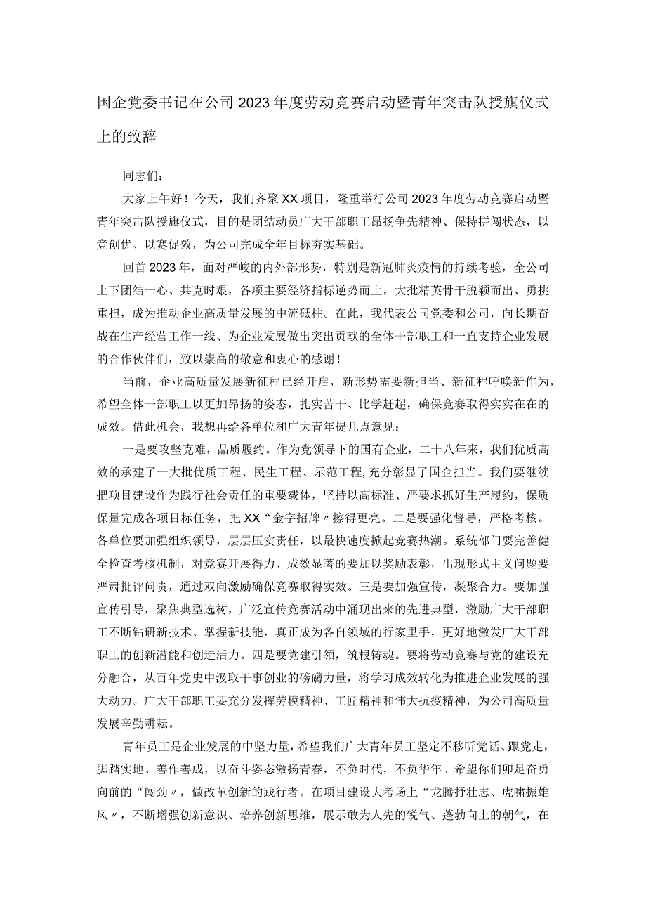 国企党委书记在公司2023年度劳动竞赛启动暨青年突击队授旗仪式上的致辞.docx_第1页