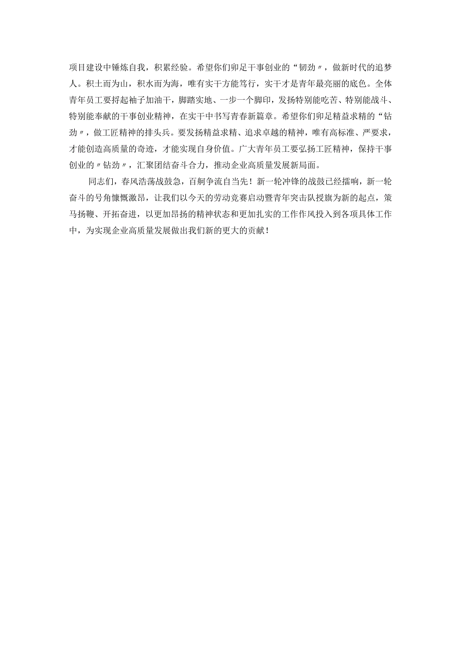 国企党委书记在公司2023年度劳动竞赛启动暨青年突击队授旗仪式上的致辞.docx_第2页