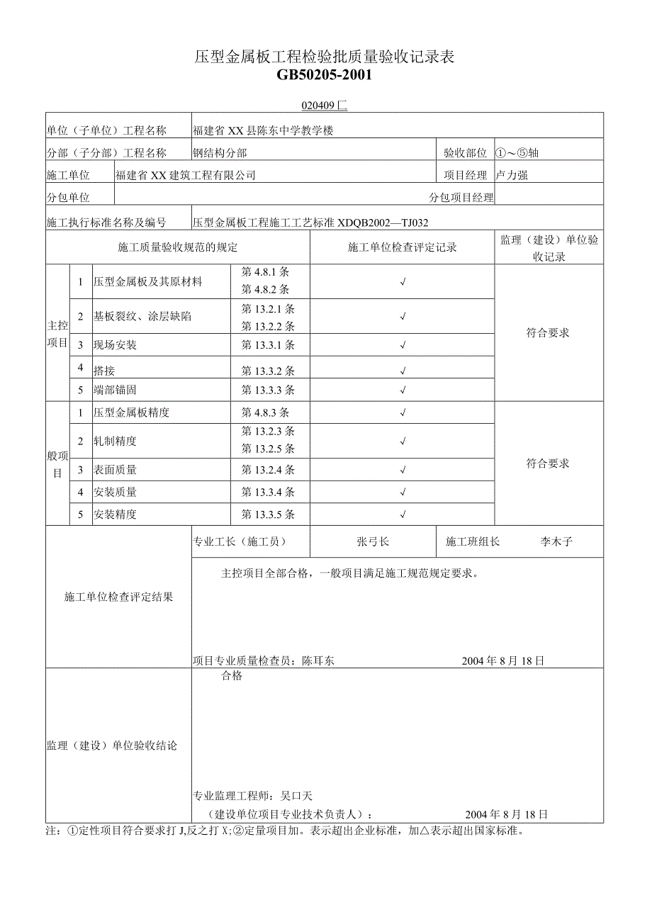 压型金属板工程检验批质量验收记录表.docx_第1页