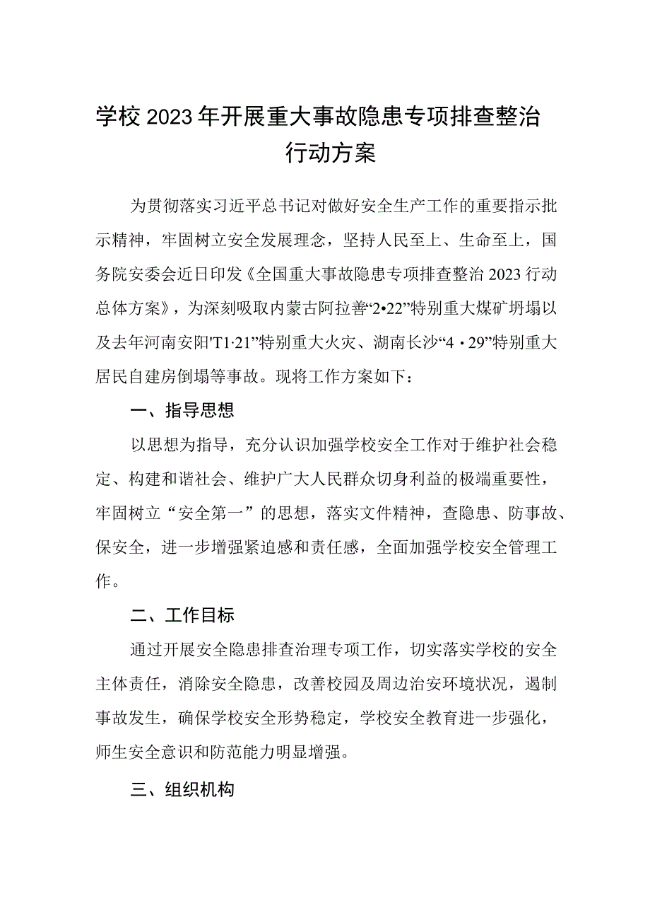 学校2023年开展重大事故隐患专项排查整治行动方案范文精选五篇.docx_第1页