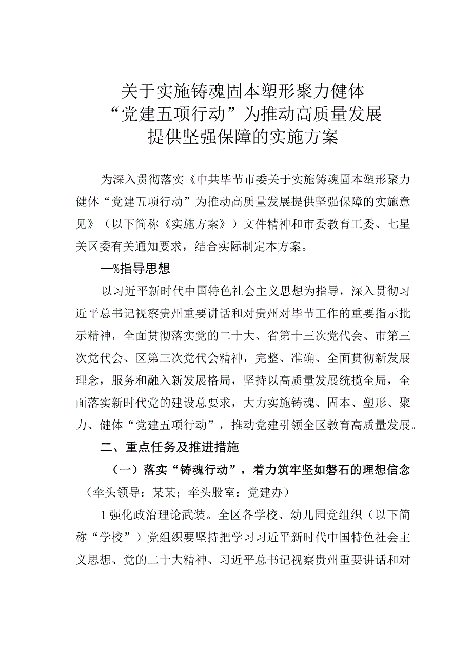 关于实施铸魂固本塑形聚力健体党建五项行动为推动高质量发展提供坚强保障的实施方案.docx_第1页