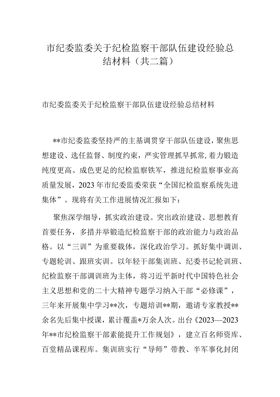 市纪委监委关于纪检监察干部队伍建设经验总结材料共二篇.docx_第1页