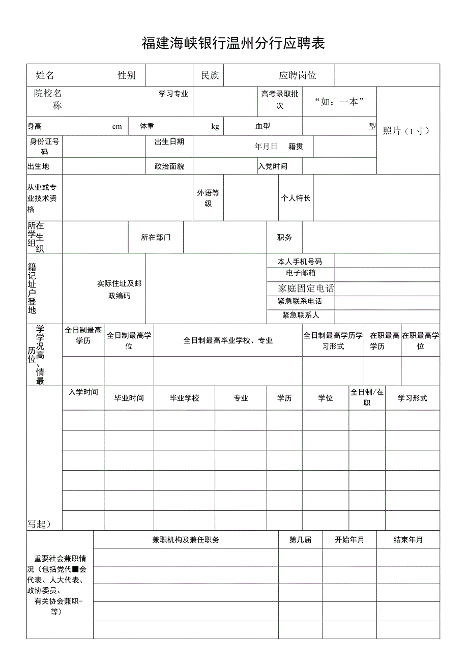 福建海峡银行温州分行应聘表.docx_第1页