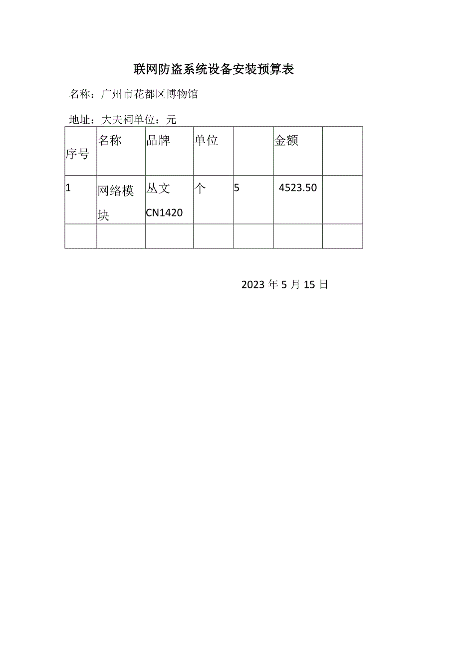 联网防盗系统设备安装预算表.docx_第1页