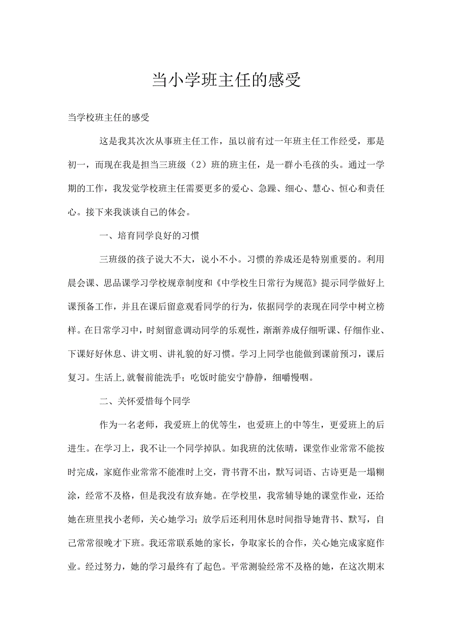 当小学班主任的感受模板范本.docx_第1页