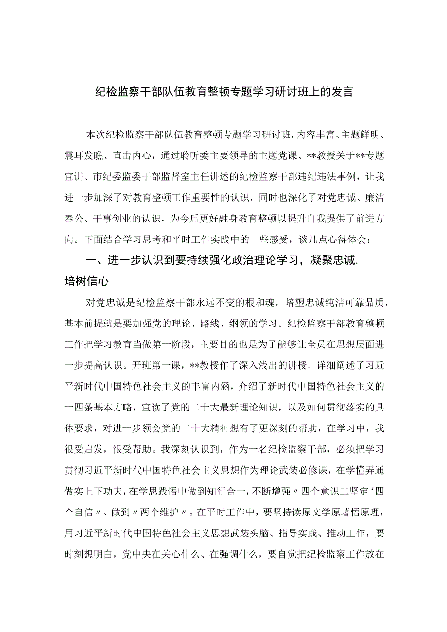 纪检监察干部队伍教育整顿专题学习研讨班上的发言四篇精选供参考.docx_第1页