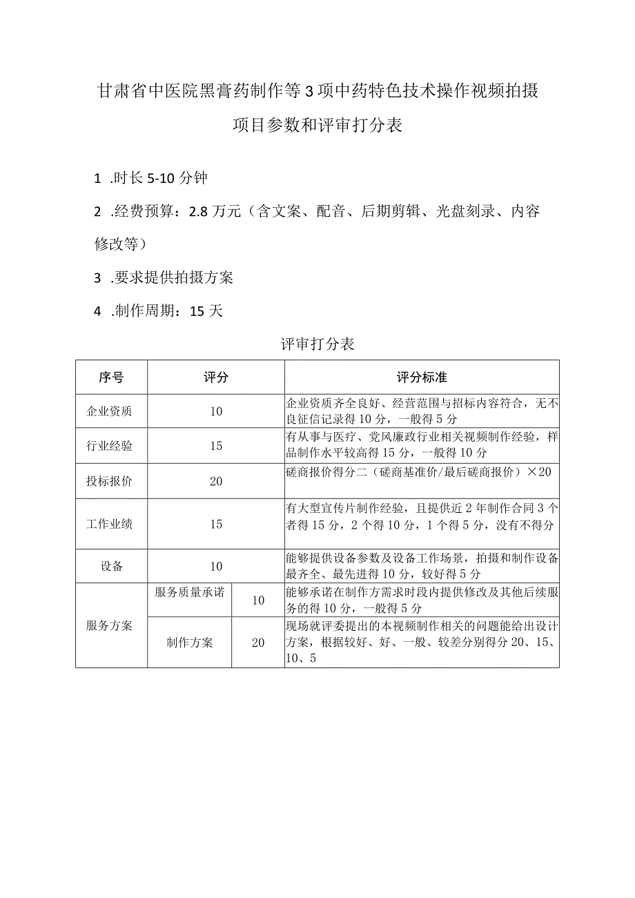 甘肃省中医院黑膏药制作等3项中药特色技术操作视频拍摄项目参数和评审打分表.docx_第1页