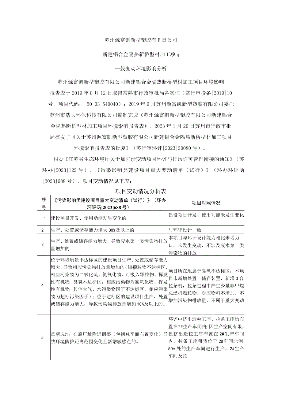 苏州源富凯新型塑胶有限公司新建铝合金隔热断桥型材加工项目一般变动环境影响分析.docx_第1页