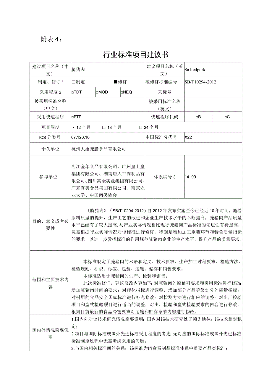 行业标准项目建议书腌猪肉.docx_第1页